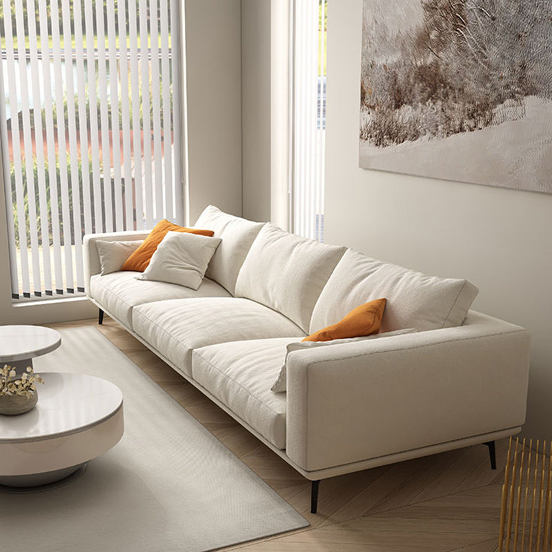 Square Arm Loose Back Sofa and Chaise Slipcovered White Fabric Sofa