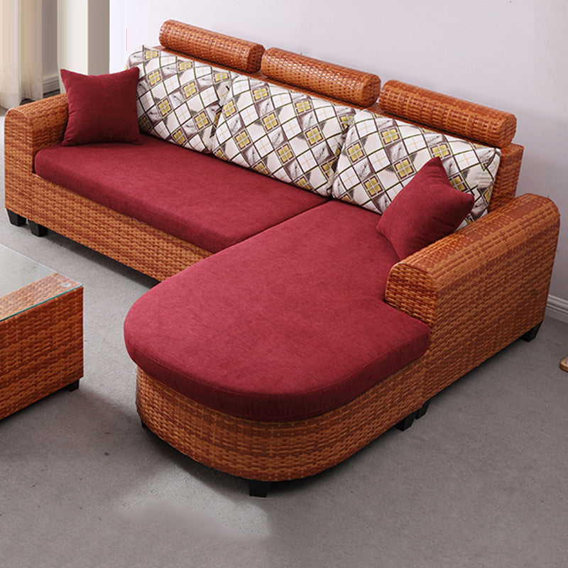 3-Seater Tropical Rattan Sofa with Chaise Brown Scroll Arm Loose Back Sofa