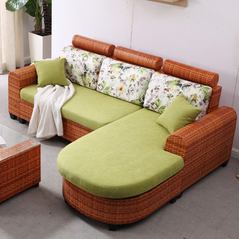 3-Seater Tropical Rattan Sofa with Chaise Brown Scroll Arm Loose Back Sofa