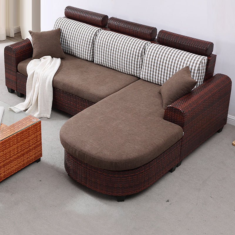 3-Seater Tropical Rattan Sofa with Chaise Brown Scroll Arm Loose Back Sofa