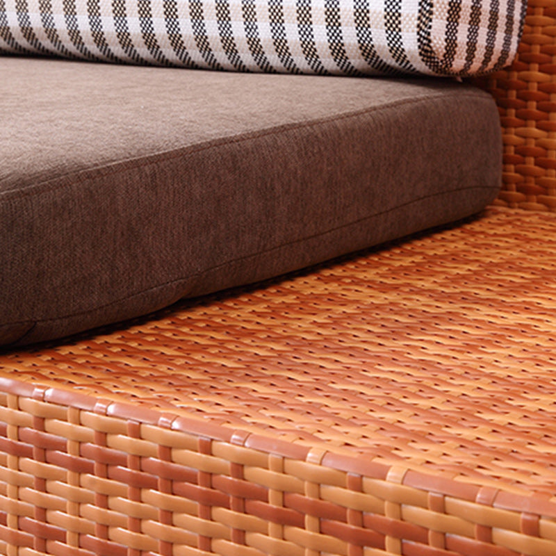 3-Seater Tropical Rattan Sofa with Chaise Brown Scroll Arm Loose Back Sofa