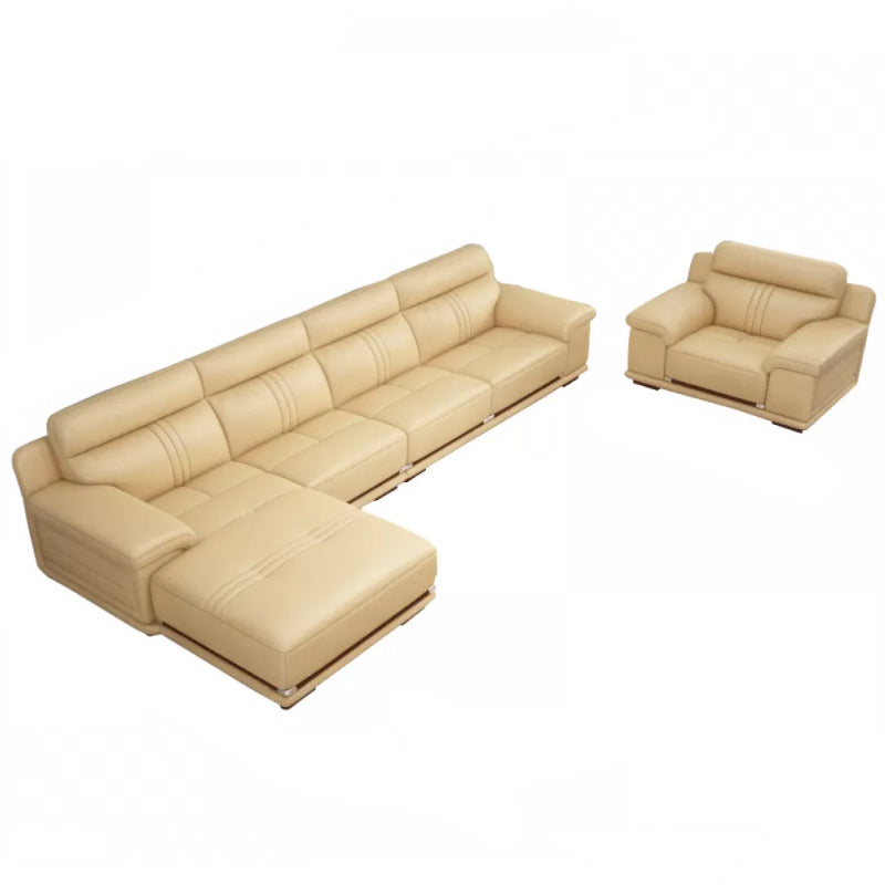 Genuine Leather Sectional Sofa Beige Pillow Top Arm Sofa with Cushion Back