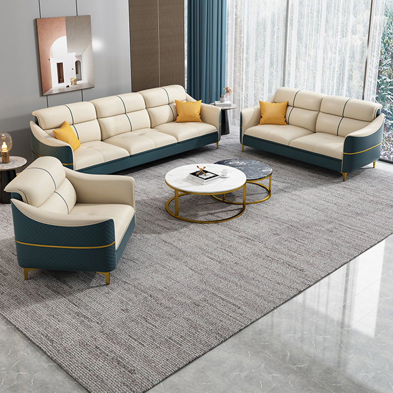 Glam 34.6" Wide Beige Settee Leather Gold Standard Seating for Living Room