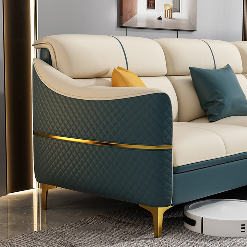 Glam 34.6" Wide Beige Settee Leather Gold Standard Seating for Living Room
