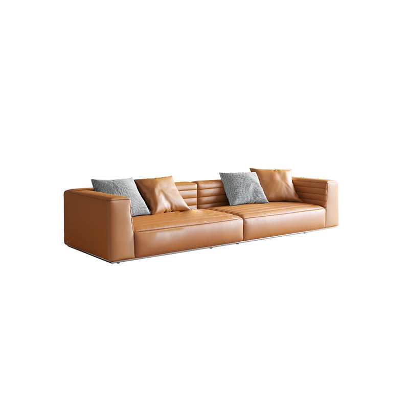 Genuine Leather Square Arm Sofa Pillows Orange Living Room Seating