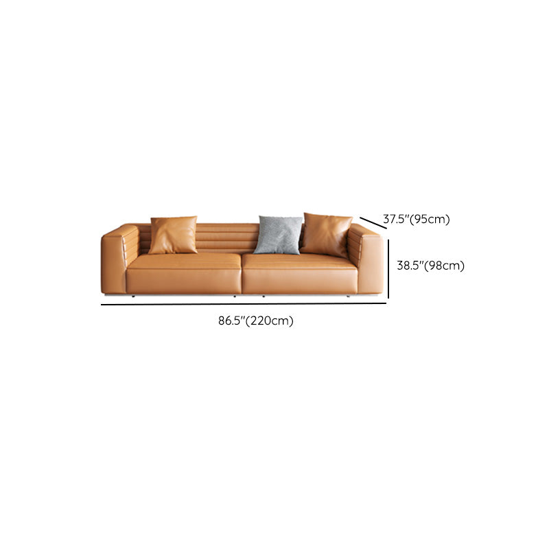 Genuine Leather Square Arm Sofa Pillows Orange Living Room Seating