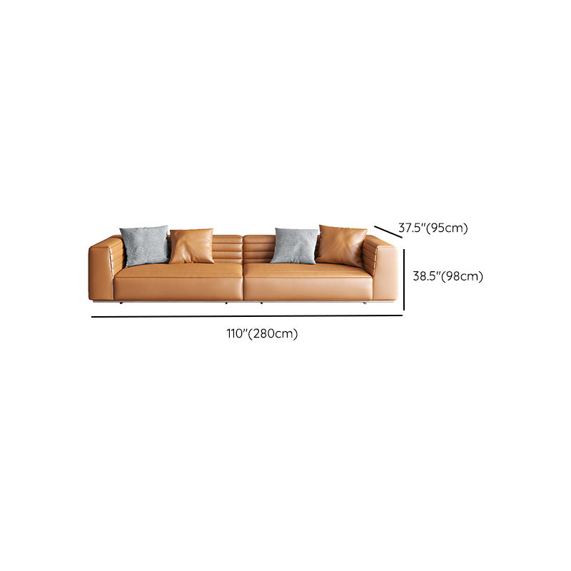 Genuine Leather Square Arm Sofa Pillows Orange Living Room Seating