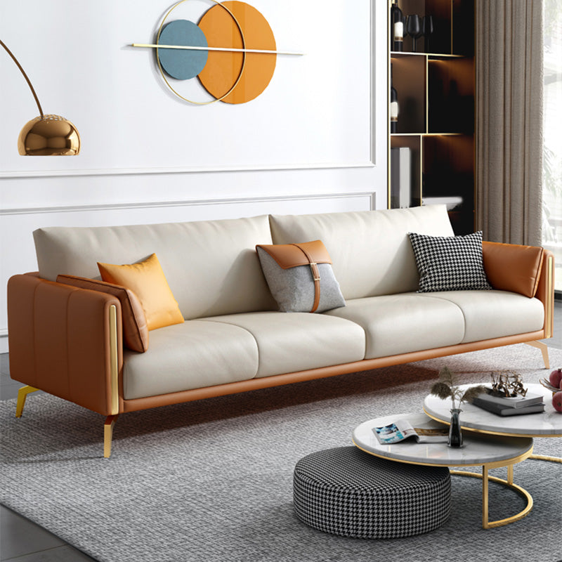 Faux Leather Square Arm Sofa with Chaise in Orange & Beige Loose Back Cushions Sofa