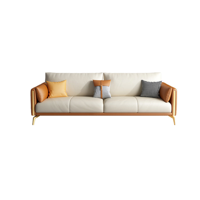 Faux Leather Square Arm Sofa with Chaise in Orange & Beige Loose Back Cushions Sofa