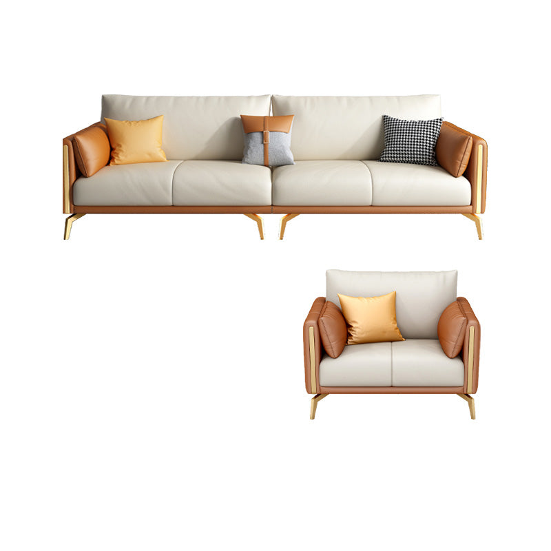 Faux Leather Square Arm Sofa with Chaise in Orange & Beige Loose Back Cushions Sofa
