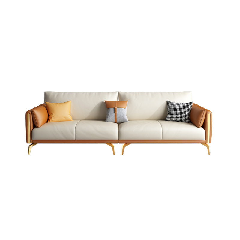 Faux Leather Square Arm Sofa with Chaise in Orange & Beige Loose Back Cushions Sofa