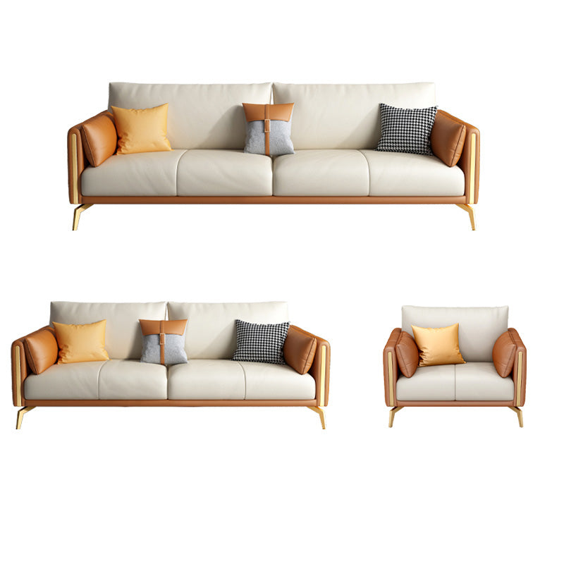 Faux Leather Square Arm Sofa with Chaise in Orange & Beige Loose Back Cushions Sofa