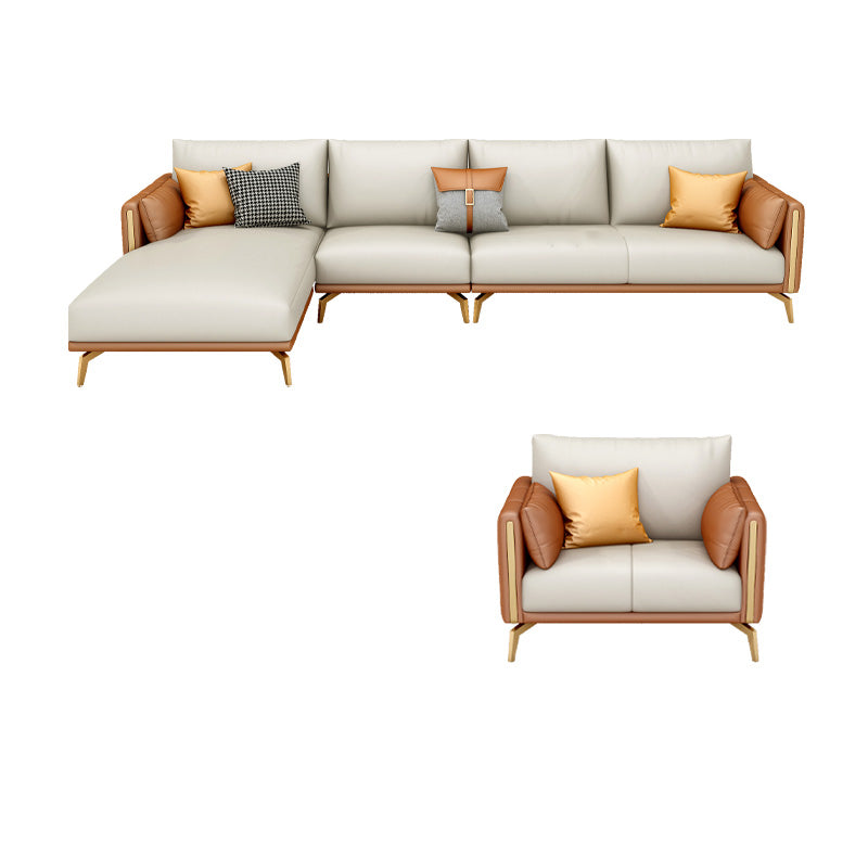 Faux Leather Square Arm Sofa with Chaise in Orange & Beige Loose Back Cushions Sofa