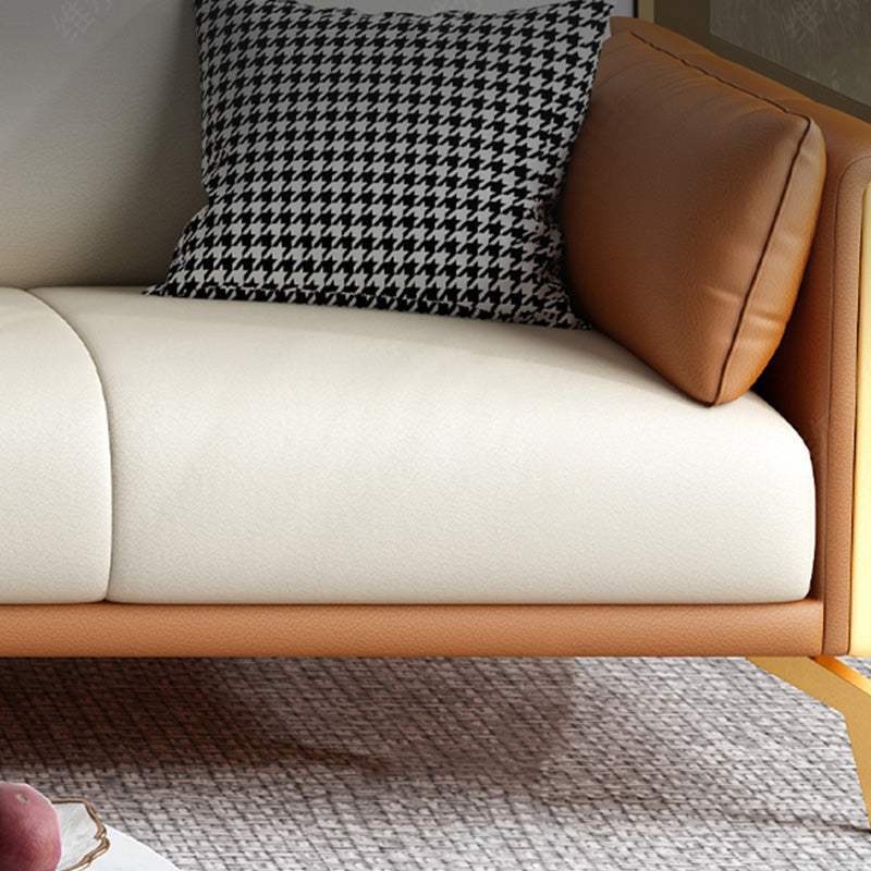 Faux Leather Square Arm Sofa with Chaise in Orange & Beige Loose Back Cushions Sofa