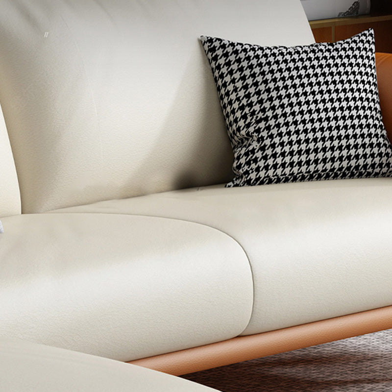 Faux Leather Square Arm Sofa with Chaise in Orange & Beige Loose Back Cushions Sofa