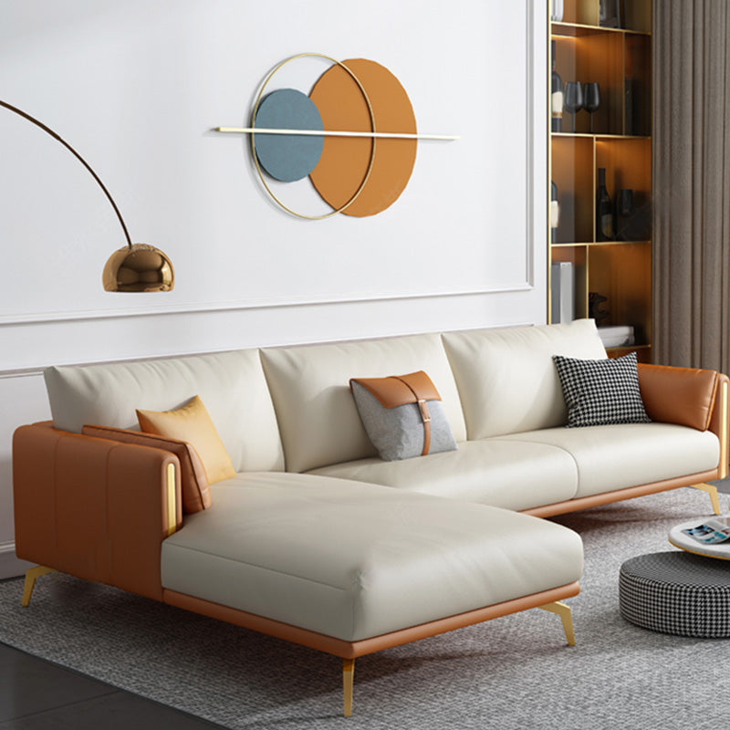 Faux Leather Square Arm Sofa with Chaise in Orange & Beige Loose Back Cushions Sofa