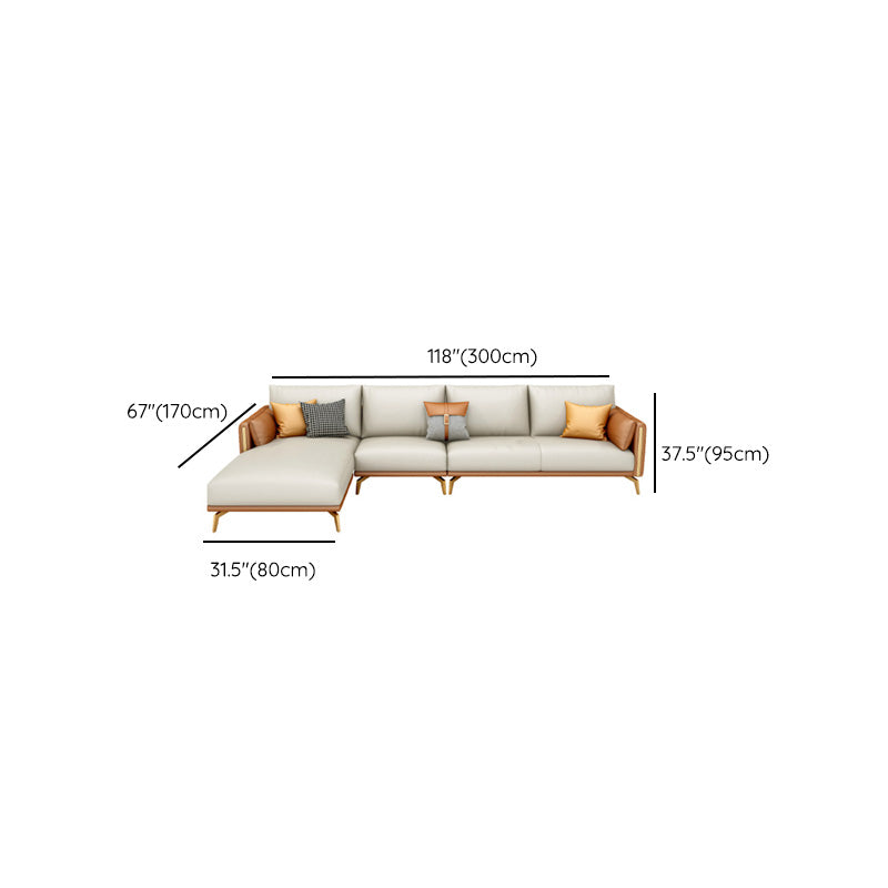Faux Leather Square Arm Sofa with Chaise in Orange & Beige Loose Back Cushions Sofa