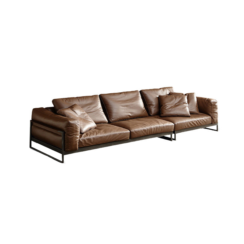 Square Arm Loose Back Sofa Mid Century Modern Genuine Leather Sofa in Brown