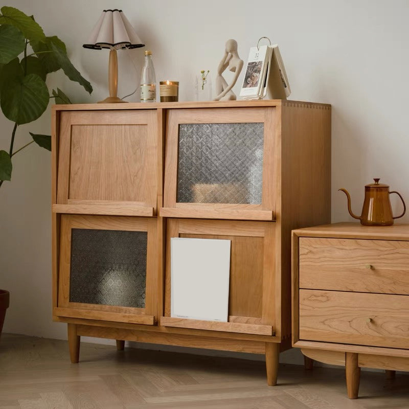Mid-Century Modern Natural Cabinet with 4 Doors in Pine Wood