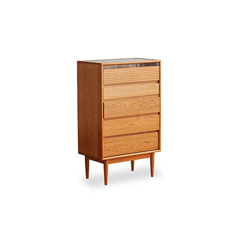 Mid-Century Modern Chest with 5 Drawers and Glass Top in Natural