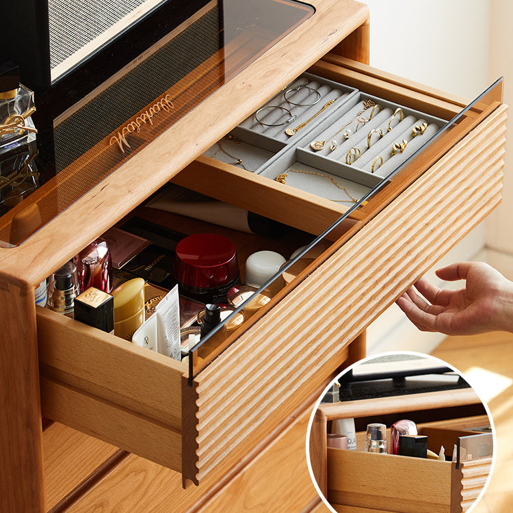 Mid-Century Modern Chest with 5 Drawers and Glass Top in Natural