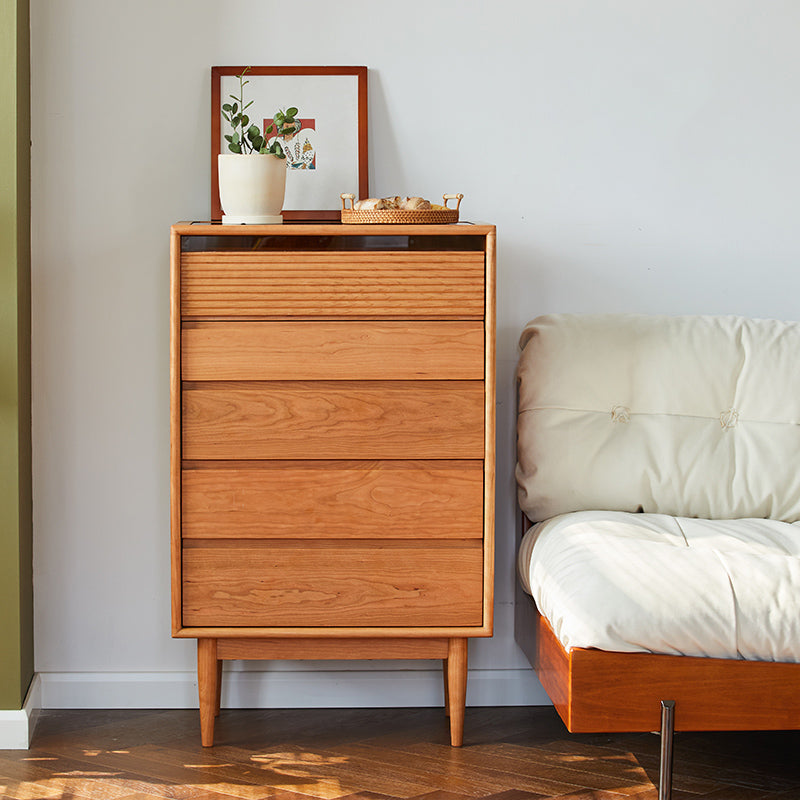 Mid-Century Modern Chest with 5 Drawers and Glass Top in Natural