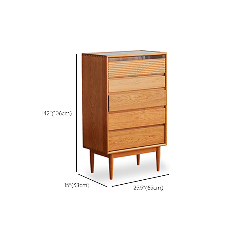 Mid-Century Modern Chest with 5 Drawers and Glass Top in Natural