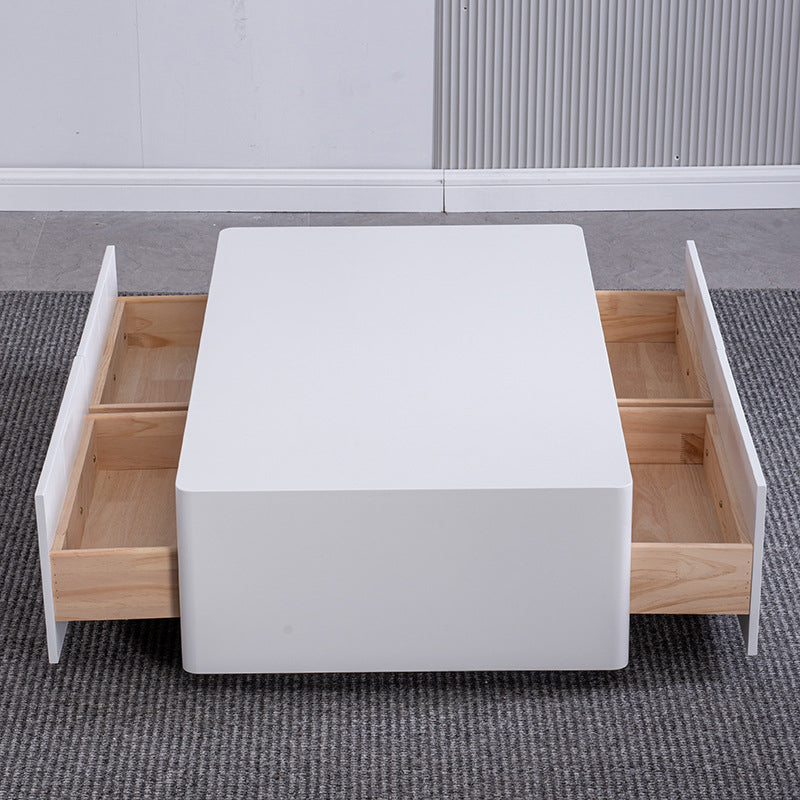 4 Drawers Contemporary Coffee Table in White Solid Wood 13.8" H Cocktail Table