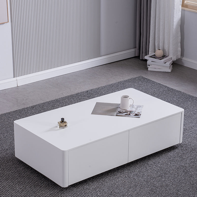 4 Drawers Contemporary Coffee Table in White Solid Wood 13.8" H Cocktail Table