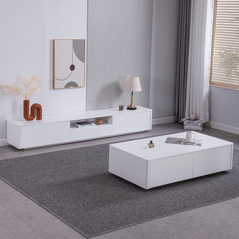 4 Drawers Contemporary Coffee Table in White Solid Wood 13.8" H Cocktail Table