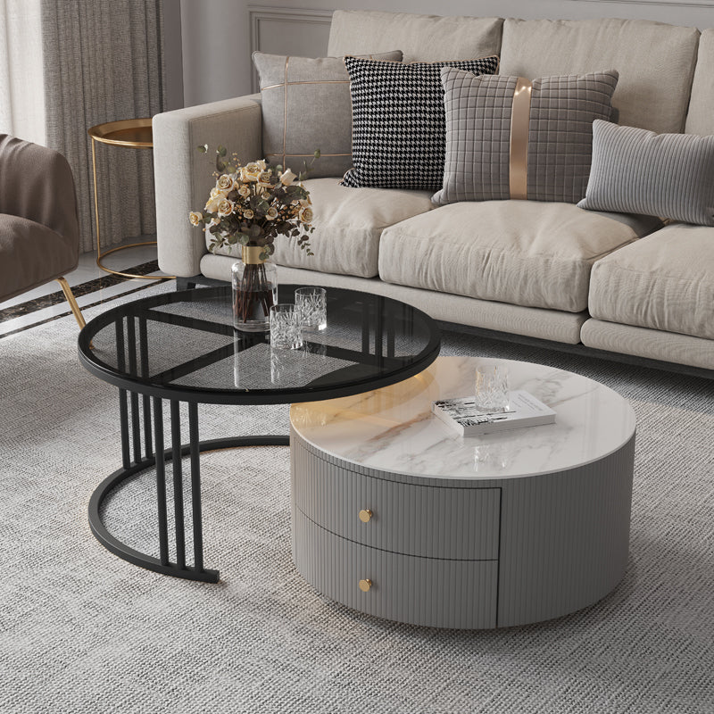 Contemporary Cocktail Table Round Glass / Slate Coffee Table with Drawers
