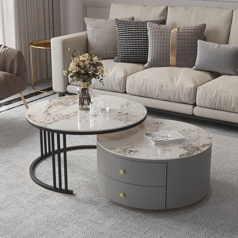 Contemporary Cocktail Table Round Glass / Slate Coffee Table with Drawers