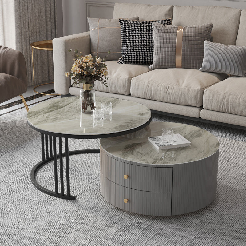 Contemporary Cocktail Table Round Glass / Slate Coffee Table with Drawers