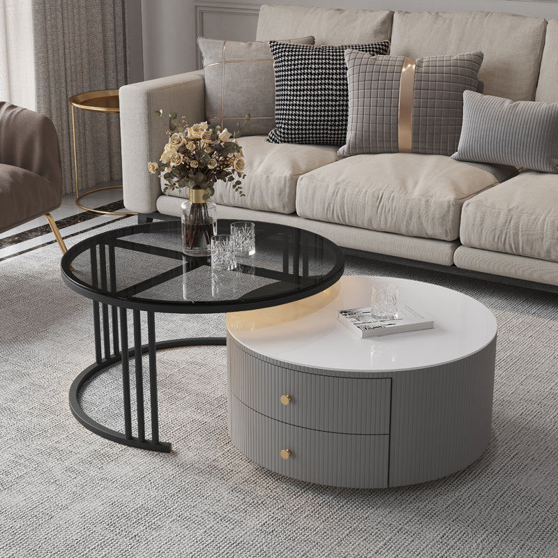 Contemporary Cocktail Table Round Glass / Slate Coffee Table with Drawers