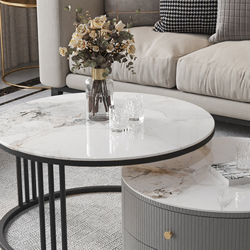 Contemporary Cocktail Table Round Glass / Slate Coffee Table with Drawers