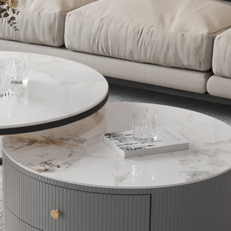 Contemporary Cocktail Table Round Glass / Slate Coffee Table with Drawers