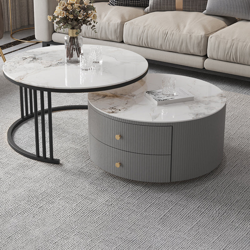 Contemporary Cocktail Table Round Glass / Slate Coffee Table with Drawers