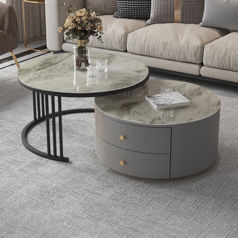 Contemporary Cocktail Table Round Glass / Slate Coffee Table with Drawers