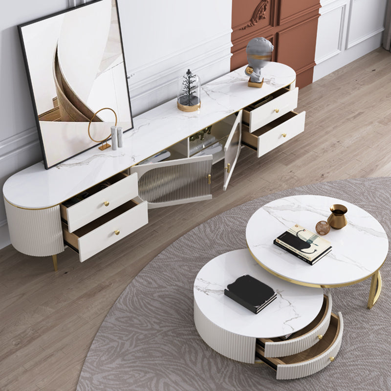 Slate Round Coffee Table Glam Nesting Coffee Table Set with Drawers
