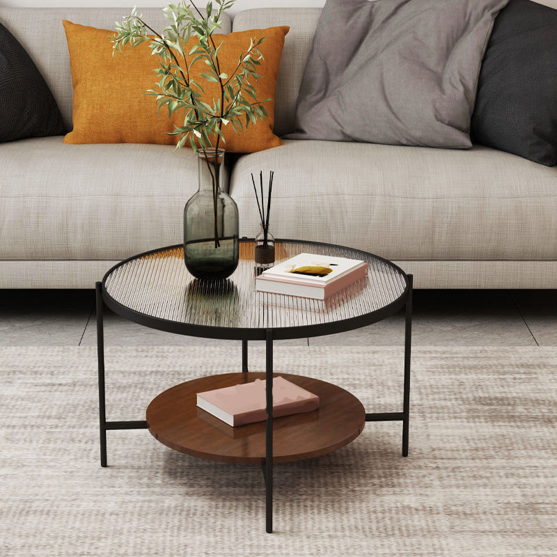 Round Glass Cross Legs Coffee Cocktail Table with Storage Shelf - 17.7" H