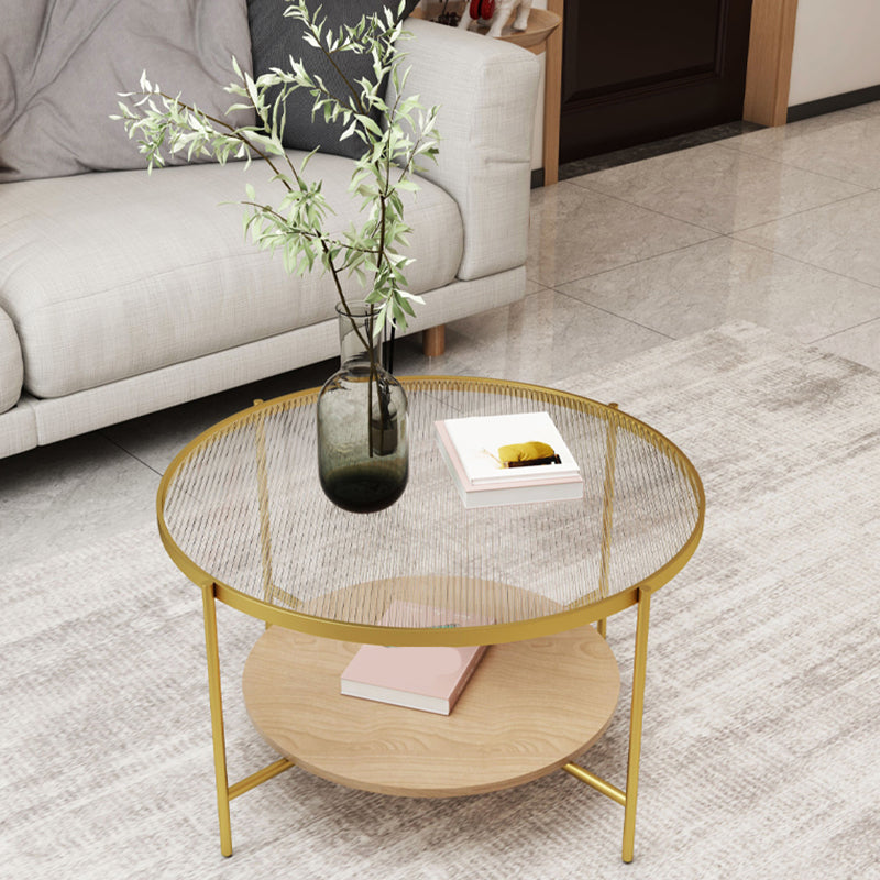 Round Glass Cross Legs Coffee Cocktail Table with Storage Shelf - 17.7" H