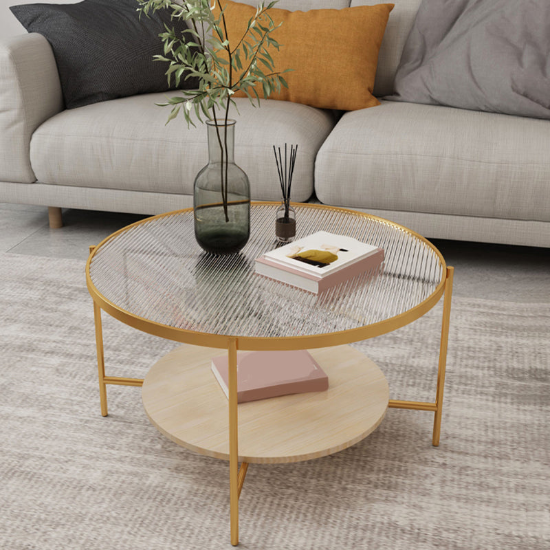 Round Glass Cross Legs Coffee Cocktail Table with Storage Shelf - 17.7" H