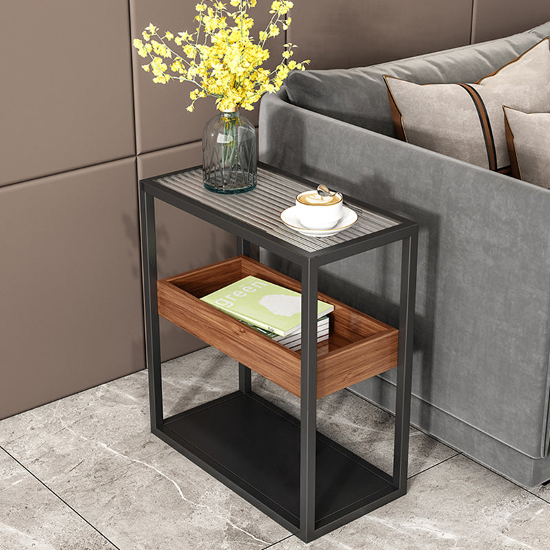 Glass Top Sofa Side Accent Table 21.25" High Frame End Table with Shelves