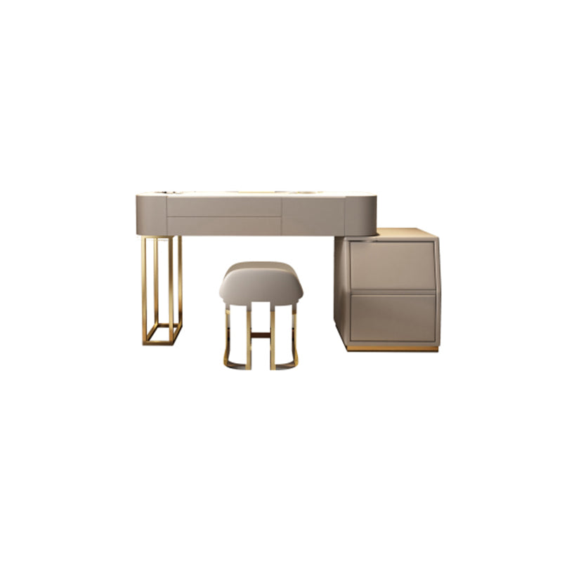 Stone Top Make-up Vanity Brown Solid Wood Vanity Dressing Table Set with 5 Drawers