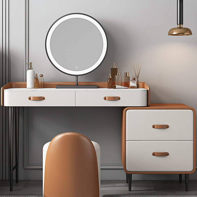 Stone Top Make-up Vanity Orange Solid Wood Vanity Dressing Table Set with Drawers