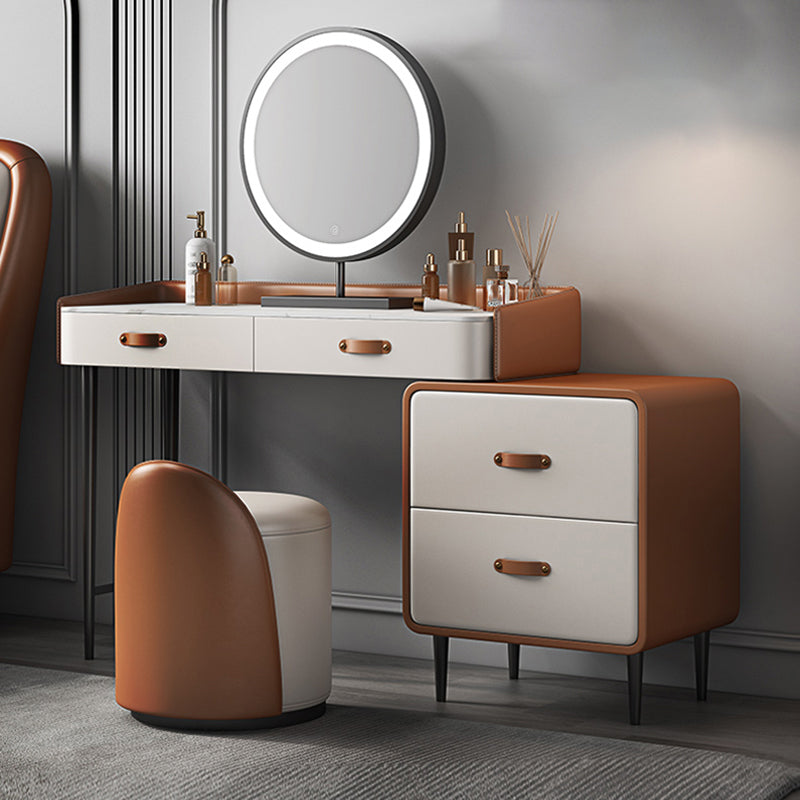 Stone Top Make-up Vanity Orange Solid Wood Vanity Dressing Table Set with Drawers