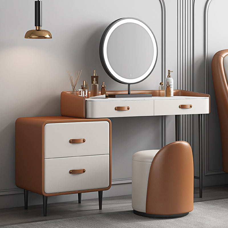 Stone Top Make-up Vanity Orange Solid Wood Vanity Dressing Table Set with Drawers