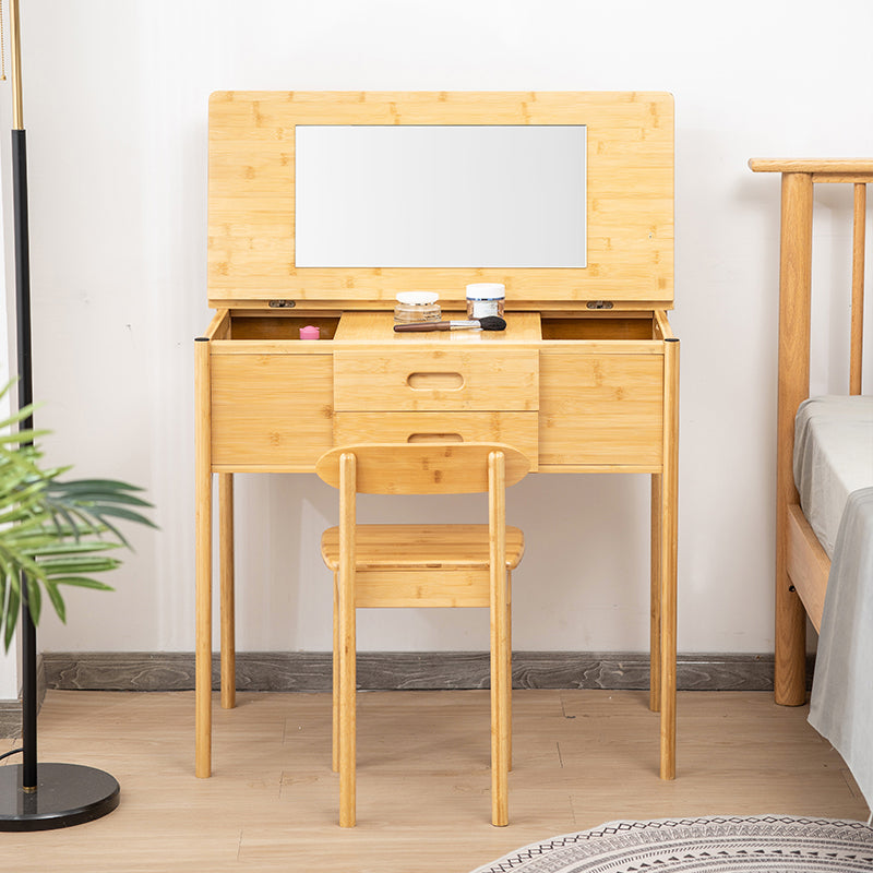 Natural Make-up Vanity Bamboo Flip-Top Dressing Table with 2 Storage Drawers