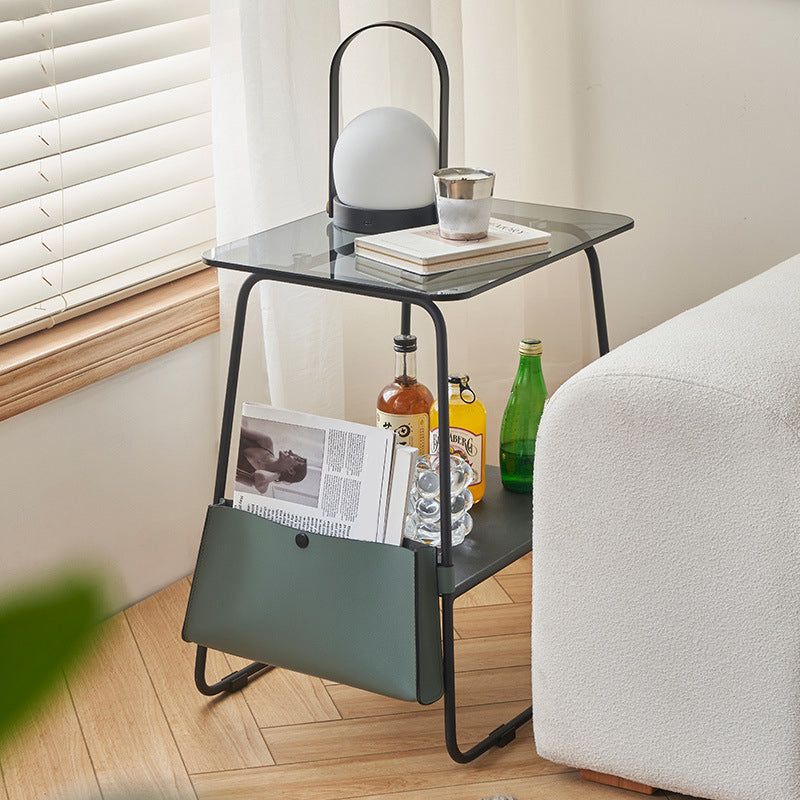 Metal Sled End Table Glass Top Side Sofa Side Accent Table with Shelf
