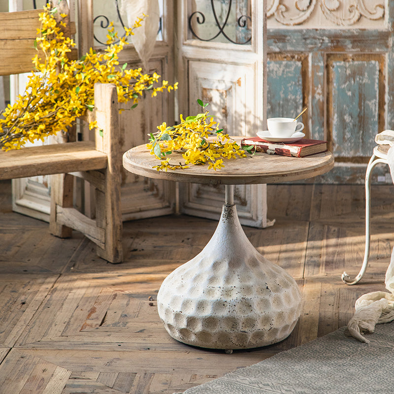 French Country Wood Round Top Side Table Distressed Iron Base End Table
